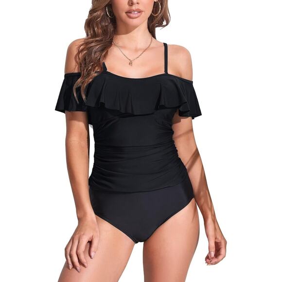 City Chic Plus S 16 Swimsuit Elba Tankini Top Off The Shoulder Ruched Black - Picture 1 of 15